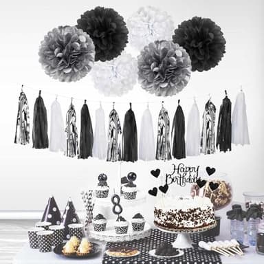 YGYXMY Birthday Decorations for Men, Black and Silver Happy Birthday Party Decorations, Black and White Party Supplies - Banner, Balloons, Tissue Pompoms, Swirls, Tassels Garland - Image 4