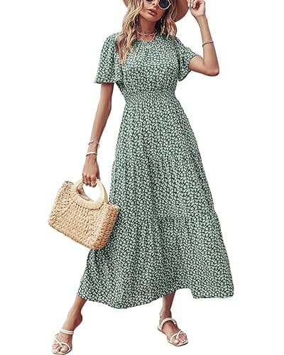 PRETTYGARDEN Women's Summer Casual Short Flutter Sleeve Round Neck Smocked Waist Tiered Boho Floral Flowy Maxi Dress(Leaves Green,XX-Large) - Image 1