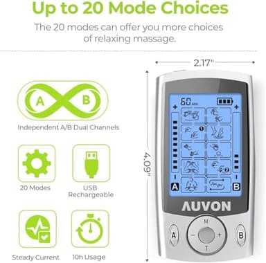 AUVON Dual Channel TENS Unit Muscle Stimulator Machine with 20 Modes, 2" and 2"x4" TENS Unit Electrode Pads - Image 4