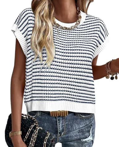 PRETTYGARDEN Womens Short Sleeve Sweater Spring Summer 2025 Round Neck Striped Pullover Cap Sleeve Knit Sweater Vest Tops(Striped White Navy,Small) - Image 1