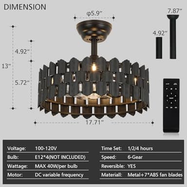 Merexcint 18 Inch Black Ceiling Fans with Lights and Remote, Black Caged Ceiling Fan Light with 6-Speed Motor, Bladeless Fan, Fandelier Ceiling Fan with Light for Bedroom, Living Room, Dining Room - Image 5