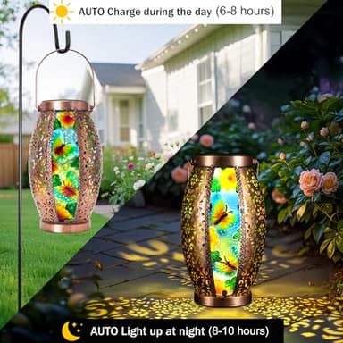Twirleternity 2PCS Butterfly Outdoor Solar Lanterns Glass & Metal Tabletop Lamp with Hollowed-Out Design Waterproof Hanging Light for Garden Patio Mother's Day Gift, 7" W x 15.3" H - Image 2