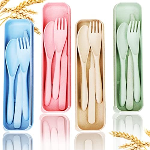 Reusable Travel Utensils Set with Case, 4 Sets Wheat Straw Portable Knife Fork Spoons Tableware, Eco-Friendly BPA Free Cutlery for Kids Adults Picnic Camping Utensils(Green, Beige, Pink, Blue) - Image 1