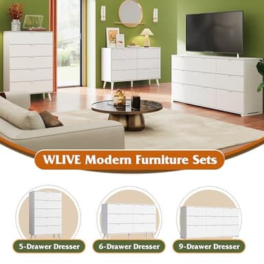 WLIVE 6 Drawer Dresser for Bedroom, 47.24'' Wide Wood White Dresser, Storage Organizer with Sturdy Metal Handle, TV Stand for 55 inch TV, Chest of Drawers for Living Room, Hallway, Closet - Image 9
