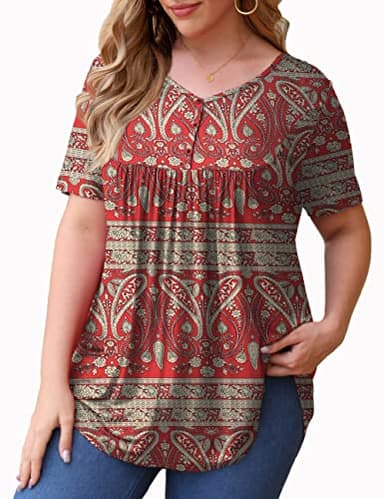 U.Vomade Womens Plus Size Tops Henley V Neck Blouses Short Sleeve Floral Shirts Multi Red 4X - Image 2