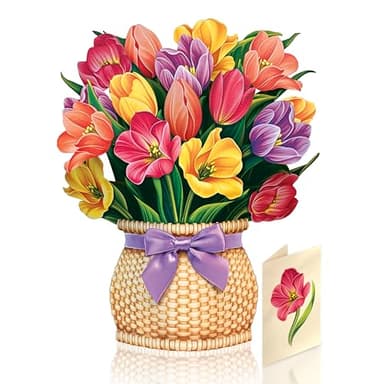 Freshcut Paper Pop Up Cards, Festive Tulips, 12 Inch Life Sized Forever Flower Bouquet 3D Popup Greeting Card, Birthday Cards, Thank You Card, Blank Notecard & Envelope - Image 2