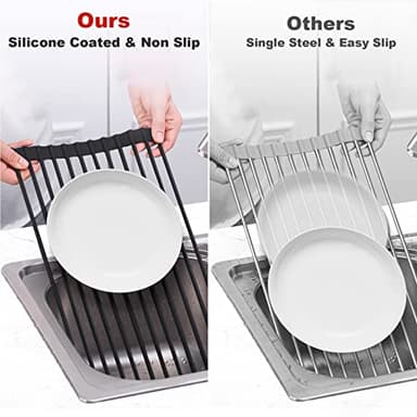 MERRYBOX 20.5" x 13" Roll Up Dish Drying Rack Silicone Wrapped Over The Sink Dish Drying Rack Multipurpose Foldable Sink Drying Mat, Heat-Resistant & Anti-Rust Dish Rack for Kitchen Sink, Large, Black - Image 7