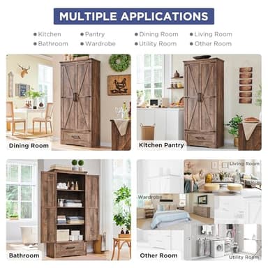 Farmhouse Kitchen Pantry Cabinet - 72" Tall Wood Kitchen Storage Cabinets with Adjustable Shelves & 2 Barn Doors & Drawer, Versatile Storage for Dining Room, Bathroom, Utility Room, Light Brown - Image 3