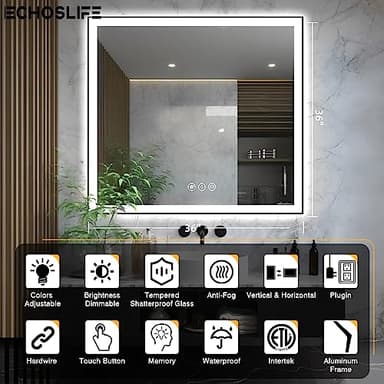 EchosLife 36x36 Square LED Bathroom Mirror - Black Aluminum Framed (Front and Backlit), Anti-Fog Vanity Mirror with Lights, Stepless Dimmable Lighted Mirror,3 Colors Smart Mirror(Horizontal/Vertical) - Image 3