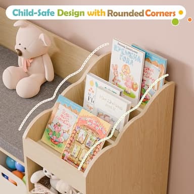 MU Kids Bookshelf with Reading Nook, Wooden Toy Storage Organizer with Chalkboard and Bench, Kids Reading Nook for Boys & Girls, Toddler Toy Shelf for Bedroom, Nursery, Playroom, Natural Oak - Image 9