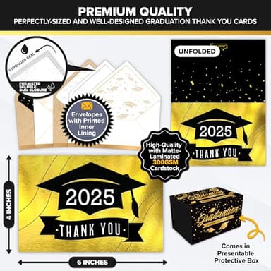 Decorably 50 Pack Gold-Foiled 6x4in Graduation Thank You Cards 2025 with Envelopes and Stickers, 10 Elegant Designs Folded College Graduation Thank You Cards, Blank Inside - Image 3