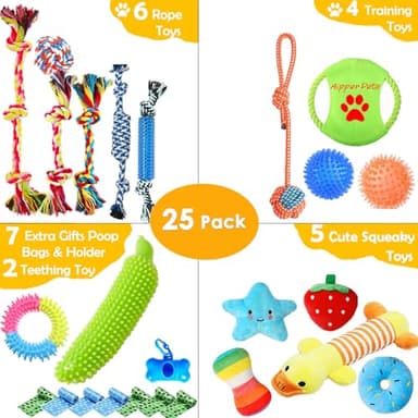 Aipper Dog Toys 25 Pack for Fun and Teeth Cleaning, Puppy Chew Toys Pack with Squeak Plush Toy,Squeaky Toy Balls,Tug of War and Rope Toys for Puppy to Small Dogs - Image 2