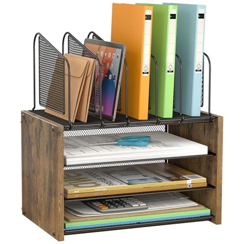 4-Tier Desk Organizer, Desk File Organizer with 5 Vertical File Holders, Office Desktop Organizer with 3 Level Paper Organizer Letter Tray, Wooden Desk Organizers and Accessories for Home Office - Image 1