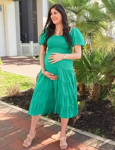 ZESICA Women's 2025 Summer Square Neck Short Puff Sleeve Solid Color High Waist Casual Smocked Flowy A Line Tiered Midi Dress,Green,X-Small - Image 6