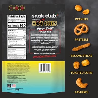 Snak Club x Hot Ones Smoky Sweet Snack Mix, Spicy Snack with Peanuts, Pretzels, Sesame Sticks, Toasted Corn & Cashews, Inspired by Hot Ones Hot Sauce, 10 oz Resealable Bag (6 Count) - Image 2