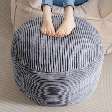 HIGOGOGO Round Stuffed Pouf Ottoman, Corduroy Poufs with Foam Chunk Filling, Furry and Fluffy Pouf Foot Stool Storage Ottoman, 20 X 15 Floor Poufs Foot Rest for Living Room, Dark Grey - Image 1