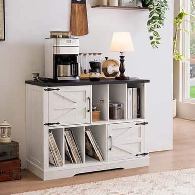 Joaxswe Large Record Player Stand with Vinyl Storage Up to 450 Albums, 39 Inch Farmhouse Rustic Wood White Storage Cabinet with Barn Doors, Vintage Mid-Century Turntable Stand for Bedroom, Living Room - Image 8