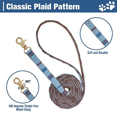 EXPAWLORER Dog Collar and Leash Set - Pawprint Plaid Collar with Bow Tie and Bell, Cute for Dogs and Cats, Blue S-M - Image 3
