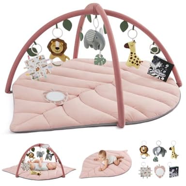 Blissful Diary Baby Play Gym & Activity Mat, Oversize Leaf Shaped Tummy Time Baby Play Mat w 6 Detachable Toys Promotes Motor Skills & Sensory Development, Newborn Infant Essentials Gift, Crystal Pink - Image 1