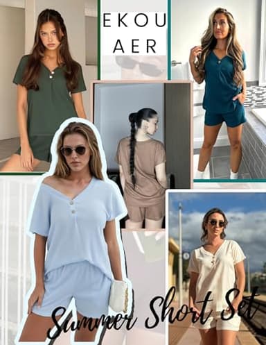 Ekouaer Womens 2 Piece Short Sets Waffle Knit Lounge Set Women's Pajama Set Summer Outfits V Neck and Shorts with Pockets Brown - Image 5