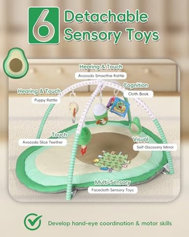 Tummy Time Mat, 9-in-1 Avocado Baby Play Gym Mat, Oversize Baby Play Activity Mats with Sunshade & 6 Detachable Sensory Toys, Washable Non-Slip Mat for Newborn Infant Baby Essentials Gift - Image 2
