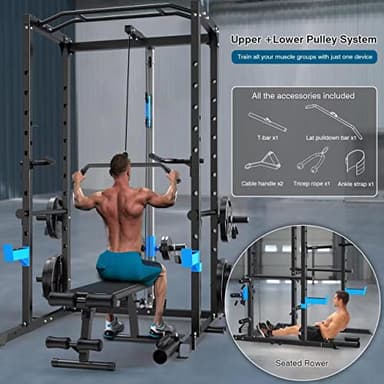 ULTRA FUEGO Power Cage, Multi-Functional Power Rack with J-Hooks, Dip Handles, Landmine Attachment and Optional Cable Pulley System for Home Gym (Power Cage with Pulley System) - Image 2