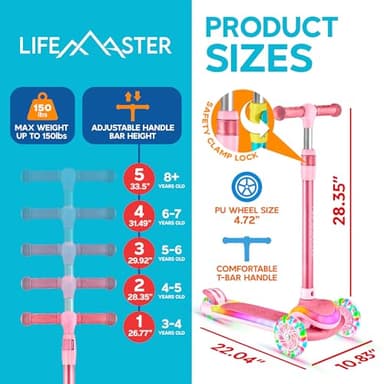 Lifemaster 3-Wheel Kids Scooter with Multi-Color Lights on Deck & Wheels – 5-Height Adjustable Handlebar, Wide Anti-Slip Deck, Child Safety Certified, Boys & Girls Ages 3+ Supports Up to 150 lbs, Pink - Image 2