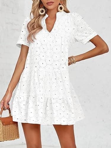 Imily Bela Womens Summer Eyelet Dresses Babydoll Flowy Short Sleeve V Neck Lace Tunic Swing Casual Dress White - Image 5