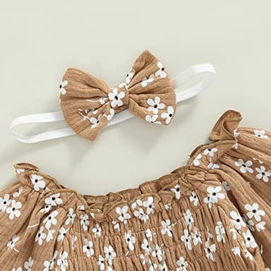 COORALLY 2pcs Baby Girl Smocked Bubble Romper Newborn Long Sleeve Off Shoulder Flowers Printed Ruffle Jumpsuit (A-Yellow, 12-18 Months) - Image 2