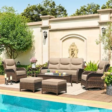 HILLGA Luxury Patio Furniture Set with 6-inch Thick Cushion, Outdoor Couch and High Back Swivel Rocker Patio Chairs, 7PCS Wicker Conversation Set for Deck Yard and Poolside, Beige (V2) - Image 1