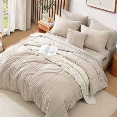 Monbix Queen Comforter Set - 7 Pieces Beige Bed in a Bag Queen Bedding Sets with Comforters, All Seasons Comforter Bed Set with Sheets,Pillowcases & Shams - Image 6
