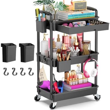 Goovilla 3 Tier Rolling Utility Cart Organizer with Removable Drawer, Stable and Sturdy Black Rolling Storage Carts with 2 Lockable Wheels for Bathroom, Kitchen, Snack, Craft, Makeup, Baby Essentials - Image 1