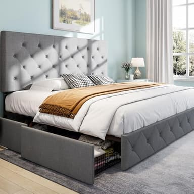 SHA CERLIN Upholstered King Size Platform Bed Frame with 4 Storage Drawers, Adjustable Headboard with Diamond Stitched Button Tufted Design, Wooden Slat Support, No Box Spring Needed, Light Grey - Image 1