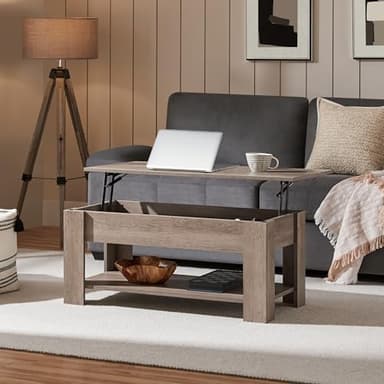Yaheetech Lift Top Coffee Table with Hidden Compartment and Storage Shelf, Rising Tabletop Dining Table for Living Room Reception Room, 38.6in L, Grey - Image 2