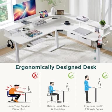 RedLemon 60 Inches L Shaped Electric Standing Desk, Height Adjustable Corner Gaming Desk with Drawers, Keyboard Tray, Power Outlets & LED Lights, Computer Desk with Monitor Shelf, Antique White - Image 4