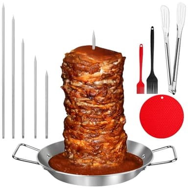 Al Pastor Skewer for Grill, 10 Inch Brazilian Spit Stand with 5 Spikes & 2 Brushes, Tong, Pad, Stainless Steel Vertical Sticks, Gyro Pan with Fat Separator for Tacos Al Pastor, Shawarma, Chicken - Image 1