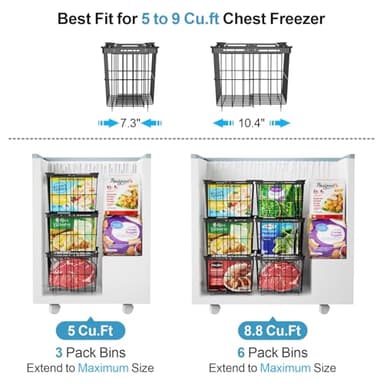 iSPECLE Freezer Organizer Bins - 3 Pack Adjustable Wider & Deeper Chest Freezer Organizer Bins for 5 to 9 Cu Ft, Extra Large & Easy Organize Basket Store More, Stackable No Wasted Space, Black - Image 2