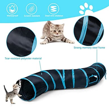 Sheldamy Cat Tunnel, S-2-Way Cat Tunnels for Indoor Cats, Collapsible Cat Play Tunnel, Interactive Toy Maze Cat House with 1 Play Ball for Cats, Puppy, Kitty, Kitten, Rabbit (Blue & Black) - Image 3