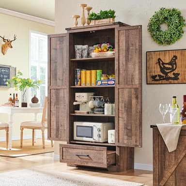 Farmhouse Kitchen Pantry Cabinet - 72" Tall Wood Kitchen Storage Cabinets with Adjustable Shelves & 2 Barn Doors & Drawer, Versatile Storage for Dining Room, Bathroom, Utility Room, Light Brown - Image 2