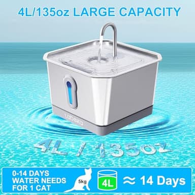 LABEKA Wireless Cat Water Fountain Stainless Steel, 4L/135oz Battery Operated Cat Fountain with Base, Automatic Pet Water Fountain, Ultra-Quiet and Easy Clean for Cats Dogs Multiple Pets(2 Filters) - Image 7