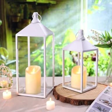 MATAHUM 2pcs Wedding Lanterns Decorative with LED Flameless Candle - White Vintage Farmhouse Metal Decorative Candle Lanterns for Wedding, Fireplace, Table Centerpiece, Indoor, Room, Valentine Decor - Image 7