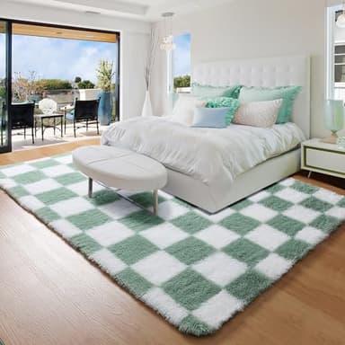 KICMOR Fluffy Sage Green and White Rugs Living Room Carpet, 5x7 Large Fuzzy Checkered Shag Area Rug for Bedroom Aesthetic, Furry Soft Plush Shaggy Rug for Nursery Kids Girls Boys Room Home Decor - Image 3