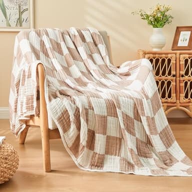 EMME Checkered Cotton Blanket Queen Size for Bed Soft Large Muslin Bed Blankets 80"x90" Lightweight Breathable Cooling All Season Gauze, Light Tan - Image 8