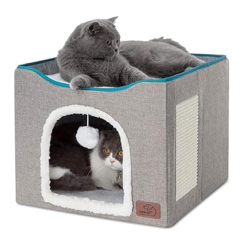 Bedsure Cat Beds for Indoor Cats - Large Cat Cave for Pet Cat House with Fluffy Ball Hanging and Scratch Pad, Foldable Cat Hideaway, 16.5x16.5x13 inches, Grey - Image 1