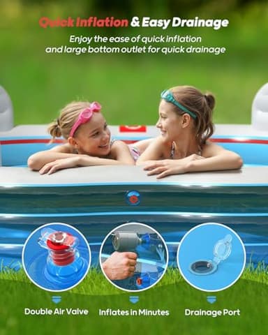 QPAU Inflatable Swimming Pool, Full-Sized Blow Up Pools with Seats and Backrests, Kiddie Pool for Outdoor & Backyard, for Family Summer Time Fun, Jelly Blue - Image 3