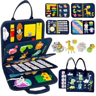 Qizfun Busy Board Book Montessori Toys for 1 2 3 4 Year Old, Boy Birthday Gifts, Educational Sensory Learning Toys for Toddlers 1-3, Car Airplane Travel Activities for Kids Ages 2-4 Year Old - Image 1