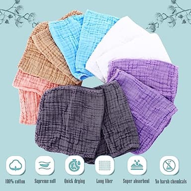 Cute Castle 12 Pack Muslin Burp Cloths for Baby - Ultra-Soft 100% Cotton Baby Washcloths - Large 20'' by 10'' Super Absorbent Milk Spit Up Rags - Burpy Cloths for Unisex, Boy, Girl - Multicolor - Image 2