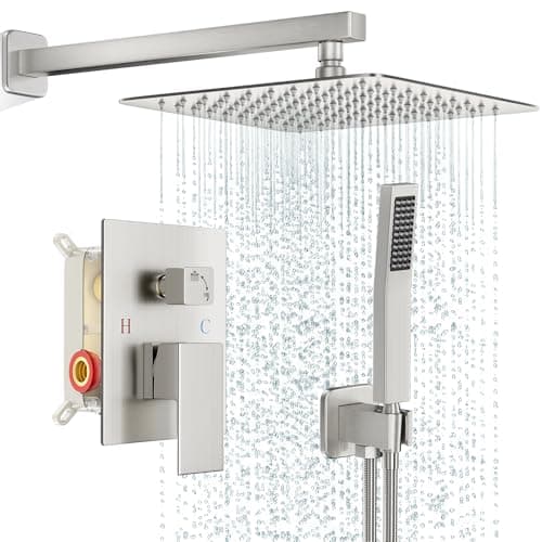 FPXRNG Shower Faucet Set Bathroom Square Rain Shower Head and Handle Set, Wall Mounted Shower Fixtures, Full Metal Trim Repair Kit 10 inch Brushed Nickel (With Shower Valve) - Image 1