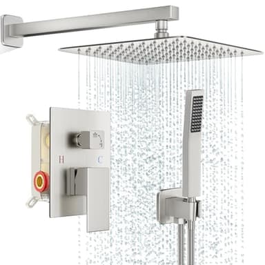 FPXRNG Shower Faucet Set Bathroom Square Rain Shower Head and Handle Set, Wall Mounted Shower Fixtures, Full Metal Trim Repair Kit 10 inch Brushed Nickel (With Shower Valve) - Image 1