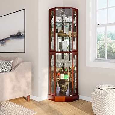 BELLEZE Lighted Corner Display Curio Cabinet,72" Tall Wooden Curved Shelving Unit with Tempered Glass Door, Bar and Liquor Storage Area with 6 Shelves - Ashfield (Walnut) - Image 3